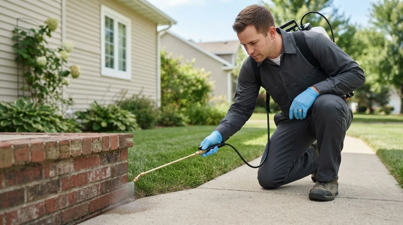Pest control technician treating a home near Shirley, MA